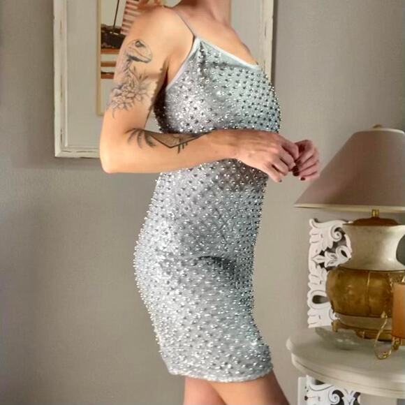 New Lascana Sparkly Glitter Embellished Beaded Sparkle Silver Bodycon Mini Dress - Picture 4 of 6
